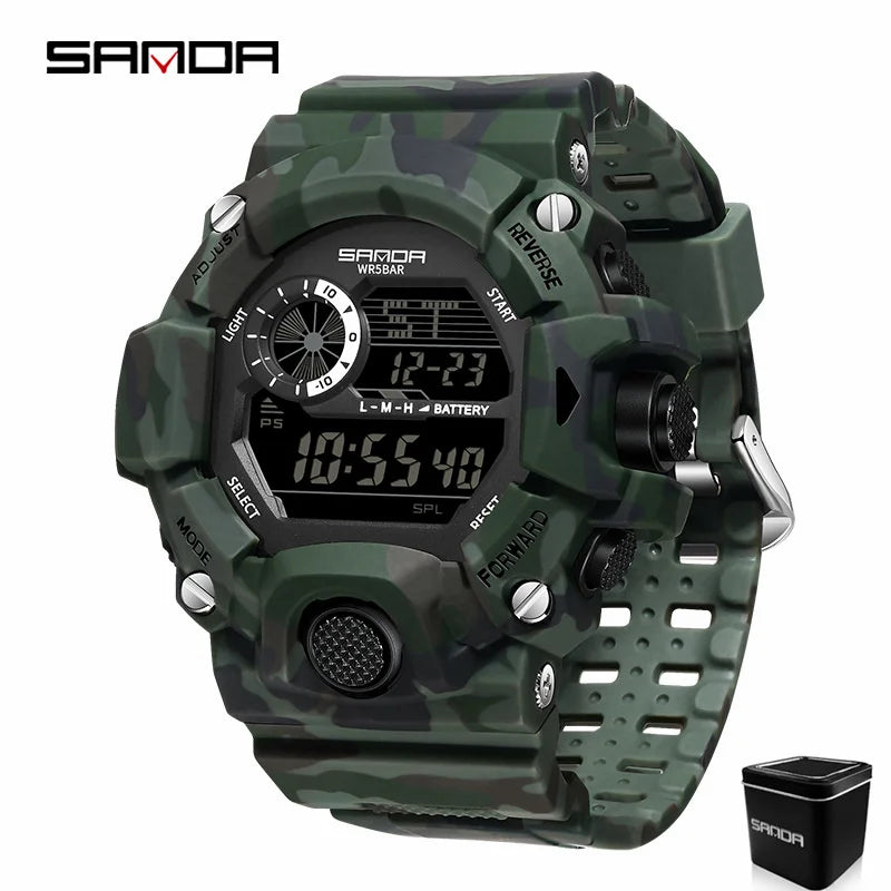 SANDA 2183 Relógio eletrônico moda militar camuflado à prova d'água esportes ao ar livre display digital pulseira de silicone relógios de pulso para homens