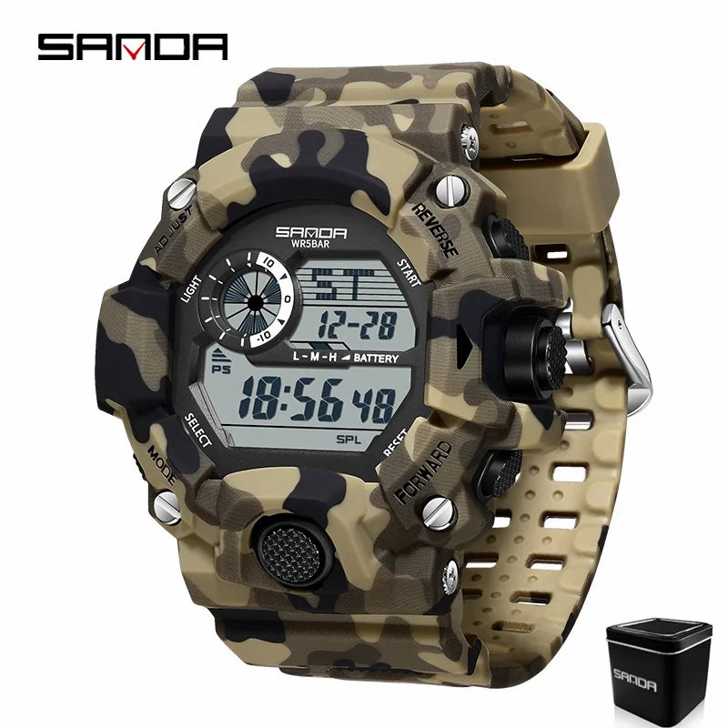 SANDA 2183 Relógio eletrônico moda militar camuflado à prova d'água esportes ao ar livre display digital pulseira de silicone relógios de pulso para homens