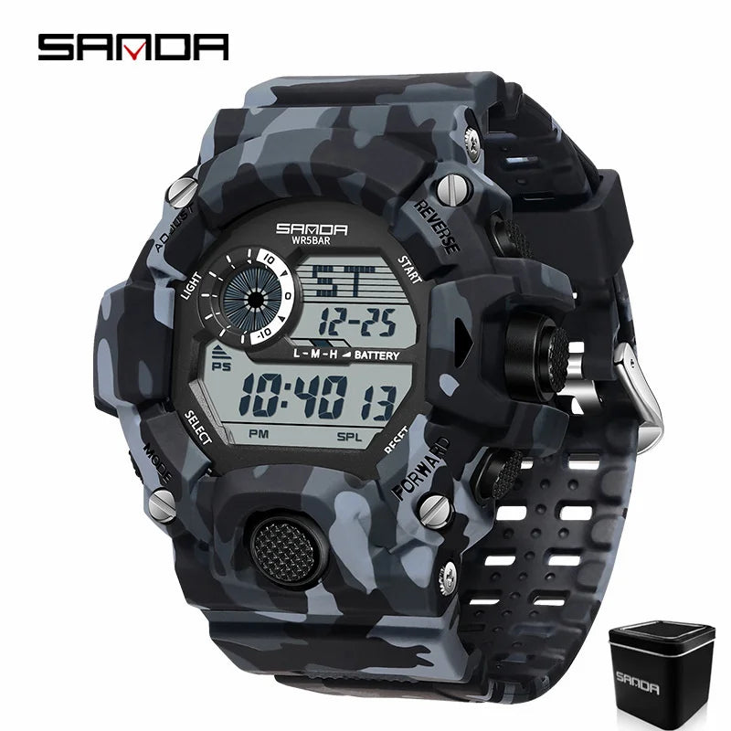 SANDA 2183 Relógio eletrônico moda militar camuflado à prova d'água esportes ao ar livre display digital pulseira de silicone relógios de pulso para homens