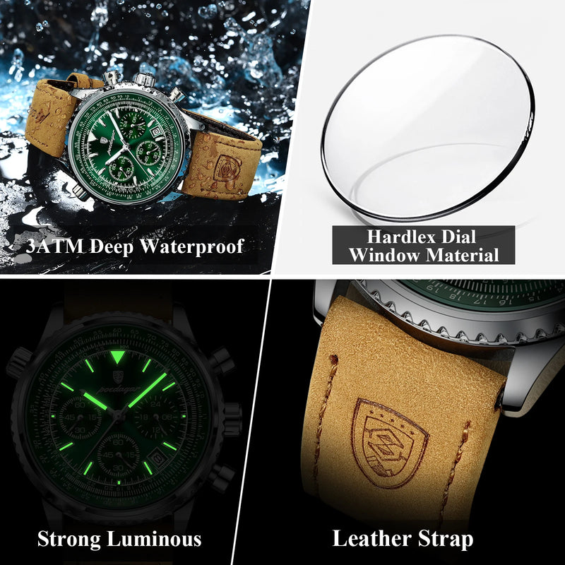 Poedagar lux. Relógio de quartzo masculino à prova d´água, luz, data e cronômetro. Pulseira em couro masculino relógio  militar.