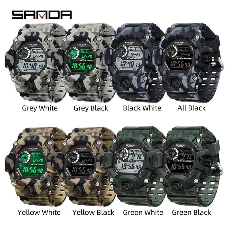 SANDA 2183 Relógio eletrônico moda militar camuflado à prova d'água esportes ao ar livre display digital pulseira de silicone relógios de pulso para homens