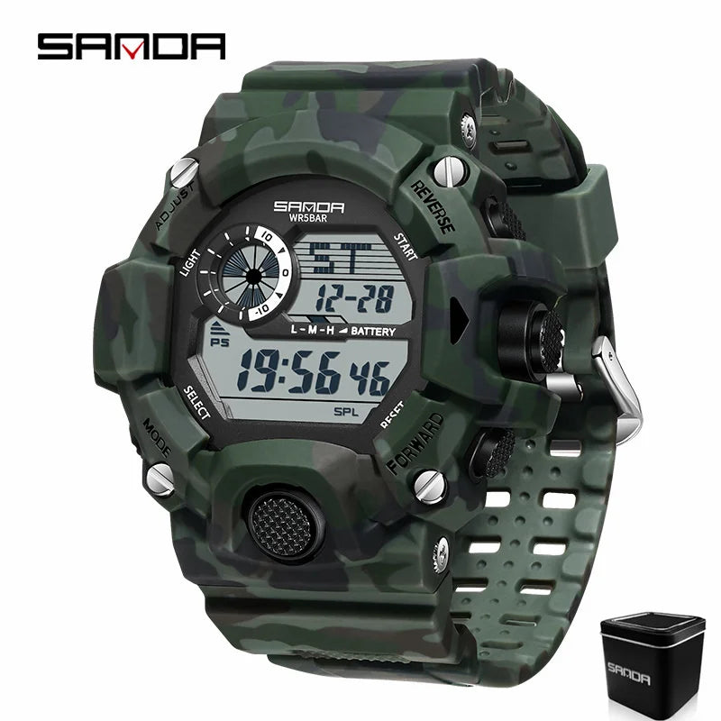 SANDA 2183 Relógio eletrônico moda militar camuflado à prova d'água esportes ao ar livre display digital pulseira de silicone relógios de pulso para homens