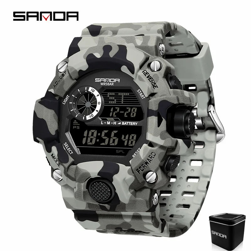 SANDA 2183 Relógio eletrônico moda militar camuflado à prova d'água esportes ao ar livre display digital pulseira de silicone relógios de pulso para homens