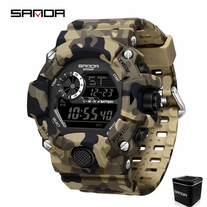 SANDA 2183 Relógio eletrônico moda militar camuflado à prova d'água esportes ao ar livre display digital pulseira de silicone relógios de pulso para homens