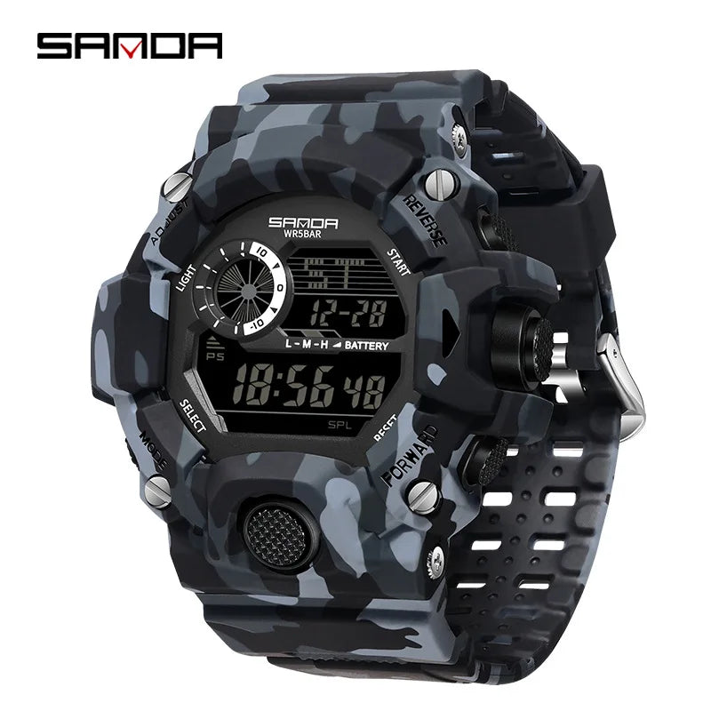 SANDA 2183 Relógio eletrônico moda militar camuflado à prova d'água esportes ao ar livre display digital pulseira de silicone relógios de pulso para homens