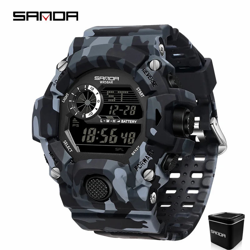 SANDA 2183 Relógio eletrônico moda militar camuflado à prova d'água esportes ao ar livre display digital pulseira de silicone relógios de pulso para homens