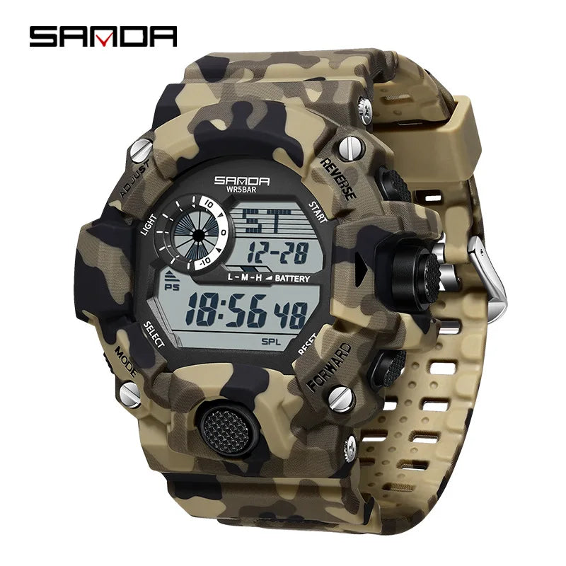 SANDA 2183 Relógio eletrônico moda militar camuflado à prova d'água esportes ao ar livre display digital pulseira de silicone relógios de pulso para homens